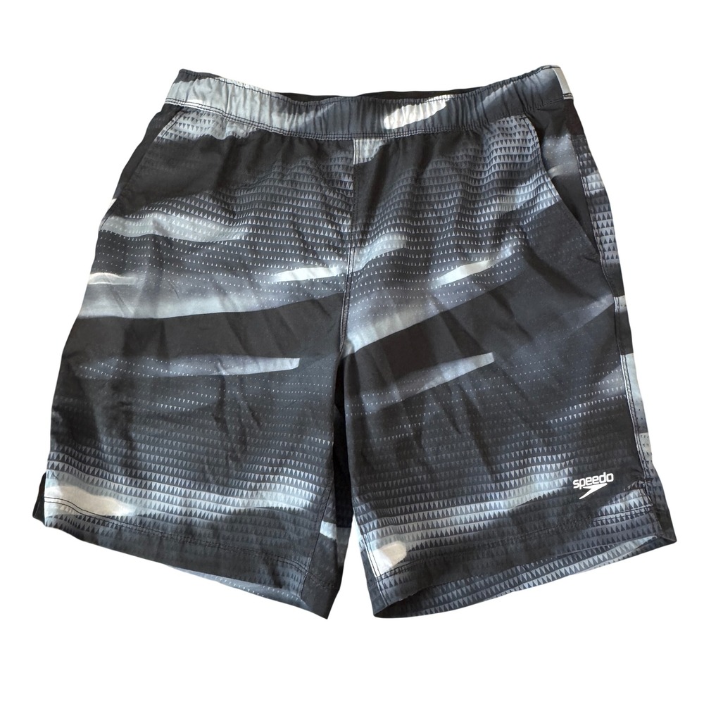 Speedo Swim Shorts Men's M Gray Black Graphic Quick-Dry‎ Lined Pockets Board
